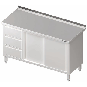 Stół przyścienny z blokiem trzech szuflad po lewej stronie i szafką z drzwiami suwanymi 1300x600x850 mm | STALGAST, 980466130