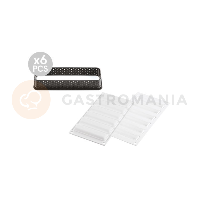 Zestaw form do tart - 6 rantów 120x35x20 mm + forma silikonowa 6x 107x23x12 mm, 26 ml | SILIKOMART, Kit Tarte Ring Rectangular