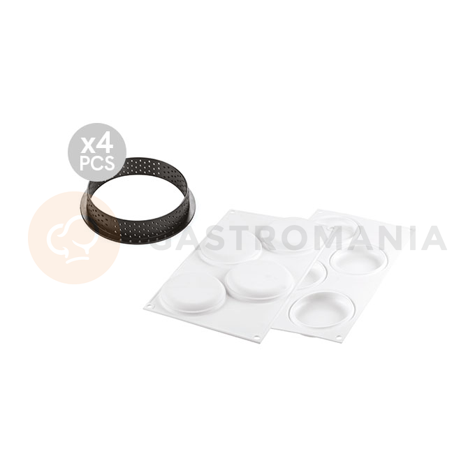 Zestaw form do tart - 4 ranty okrągłe 100x20 mm + forma silikonowa 4x 85x15 mm, 80 ml | SILIKOMART, Kit Tarte Ring Round