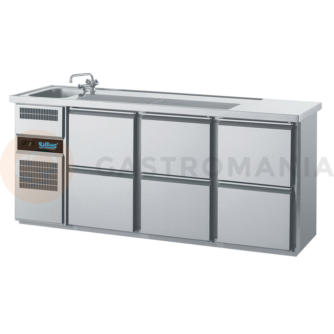 Barowy stół chłodniczy 2100x700x980 mm z 6 szufladami i zlewem po lewej stronie | RILLING, AGT M731L 81-2/2/2