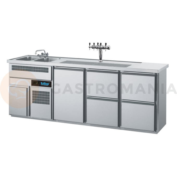 Barowy stół chłodniczy 2500x700x980 mm z 4 szufladami, drzwiami i zlewem po lewej stronie | RILLING, AGT M732L 81-1/2/2