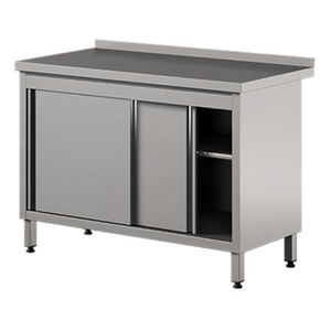 Stół przyścienny ze stali nierdzewnej z szafką, drzwi suwane 1500x700x850 mm | ASBER, WM-157-PL-2SD