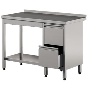 Stół przyścienny ze stali nierdzewnej z 2 szufladami i półką 1200x600x850 mm | ASBER, WT-126-PL-2DR-S