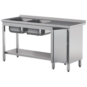 Stół przyścienny ze stali nierdzewnej z półką, dwoma zlewami i szafką, drzwi skrzydłowe 2200x700x850 mm | ASBER, STW-227/2-PL-L-HD-S