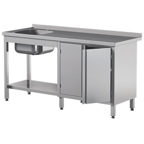 Stół przyścienny ze stali nierdzewnej z półką, zlewem i szafką, drzwi szkrzydłowe 2200x600x850 mm | ASBER, STW-226/1-PL-L-2HD-S