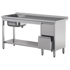 Stół przyścienny ze stali nierdzewnej z półką, zlewem i 2 szufladami 2000x700x850 mm | ASBER, STW-207/1-PL-L-2DR-S