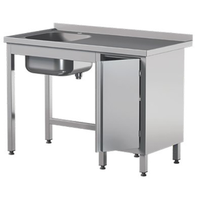 Stół przyścienny ze stali nierdzewnej ze zlewem i szafką, drzwi skrzydłowe 1300x600x850 mm | ASBER, STW-136/1-PL-L-HD-B
