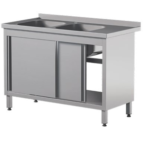 Stół przyścienny ze stali nierdzewnej z dwoma zlewami i szafką, drzwi suwane 1400x600x850 mm | ASBER, STW-146/2-PL-L-2SD