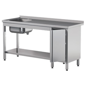 Stół przyścienny ze stali nierdzewnej z półką, zlewem i szafką, drzwi szkrzydłowe 1700x700x850 mm | ASBER, STW-177/1-PL-L-HD-S