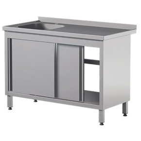 Stół przyścienny ze stali nierdzewnej ze zlewem i szafką, drzwi suwane 1500x700x850 mm | ASBER, STW-157/1-PL-L-2SD