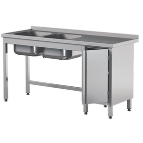 Stół przyścienny ze stali nierdzewnej z dwoma zlewami i szafką, drzwi skrzydłowe 1600x700x850 mm | ASBER, STW-167/2-PL-L-HD