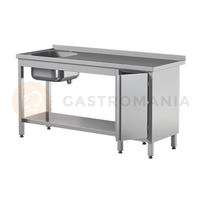 Stół przyścienny ze stali nierdzewnej z półką, zlewem i szafką, drzwi szkrzydłowe 1000x600x850 mm | ASBER, STW-106/1-PL-L-HD-S