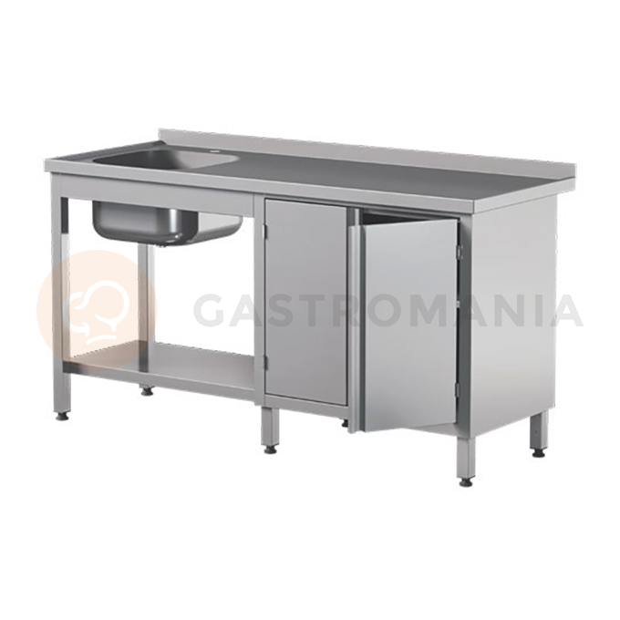 Stół przyścienny ze stali nierdzewnej z półką, zlewem i szafką, drzwi szkrzydłowe 2600x700x850 mm | ASBER, STW-267/1-PL-L-2HD-S