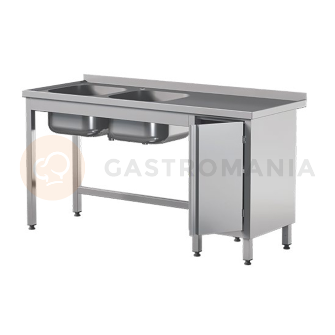 Stół przyścienny ze stali nierdzewnej z dwoma zlewami i szafką, drzwi skrzydłowe 1500x700x850 mm | ASBER, STW-157/2-PL-L-HD