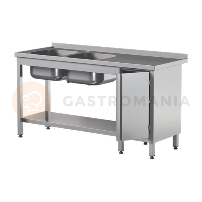 Stół przyścienny ze stali nierdzewnej z półką, dwoma zlewami i szafką, drzwi skrzydłowe 2400x700x850 mm | ASBER, STW-247/2-PL-L-HD-S
