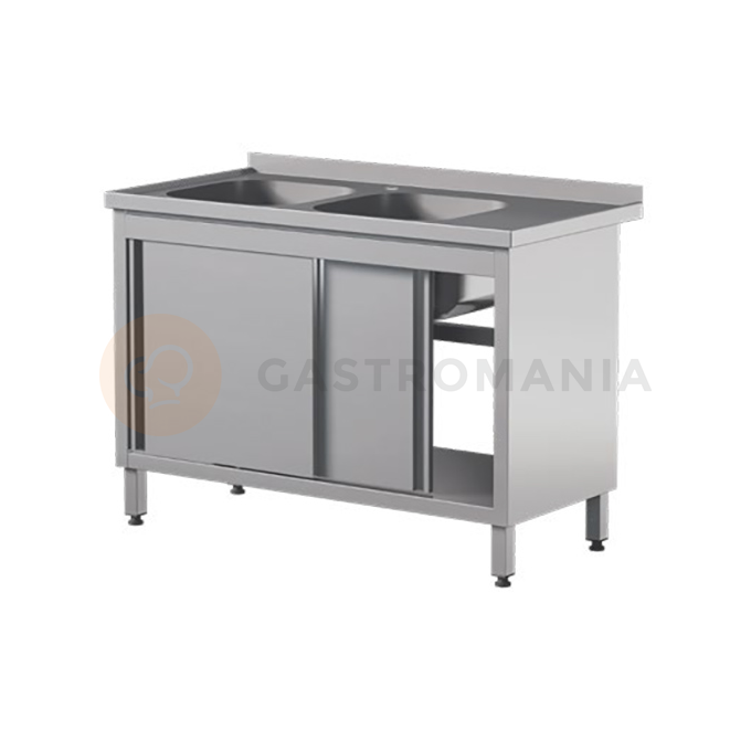 Stół przyścienny ze stali nierdzewnej z dwoma zlewami i szafką, drzwi suwane 1400x600x850 mm | ASBER, STW-146/2-PL-L-2SD