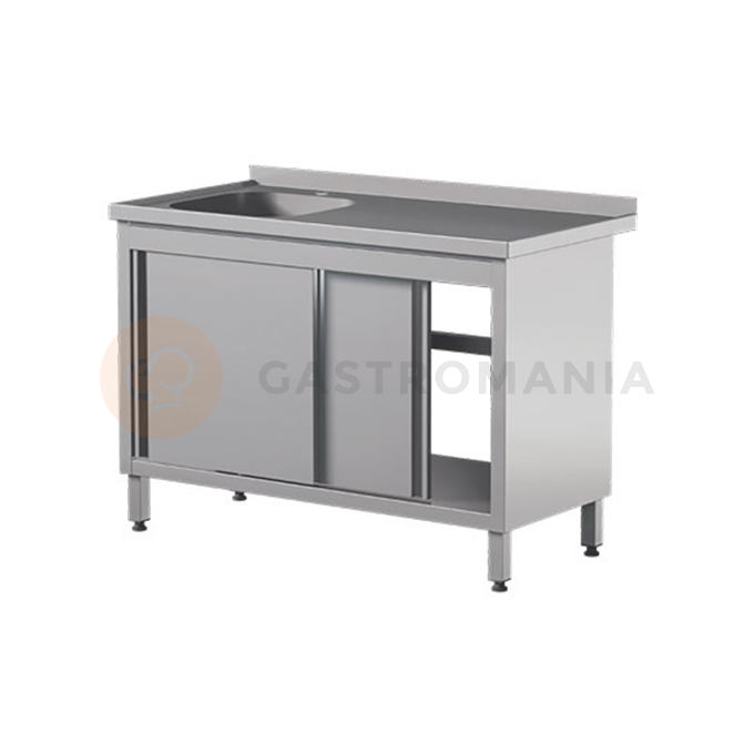 Stół przyścienny ze stali nierdzewnej ze zlewem i szafką, drzwi suwane 1500x700x850 mm | ASBER, STW-157/1-PL-L-2SD