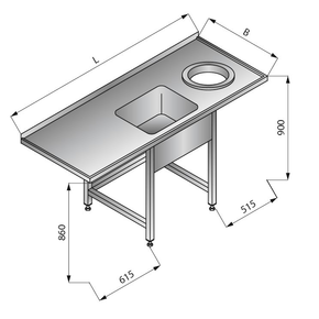 Stół zlewozmywakowy jednozbiornikowy z otworem na odpadki prawy, 1800x700x900 mm | LOZAMET, LO350/P