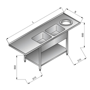 Stół zlewozmywakowy dwuzbiornikowy z otworem na odpadki i półką, prawy, 2300x700x900 mm | LOZAMET, LO355/P