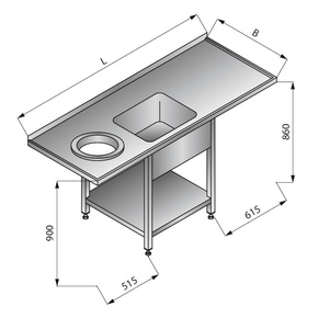 Stół zlewozmywakowy jednozbiornikowy z otworem na odpadki i półką lewy, 1800x700x900 mm | LOZAMET, LO351/L