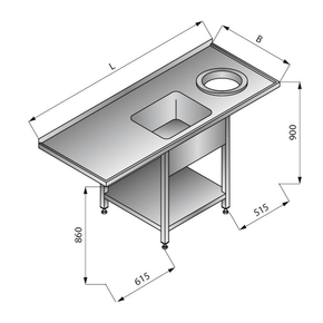 Stół zlewozmywakowy jednozbiornikowy z otworem na odpadki i półką prawy, 1800x700x900 mm | LOZAMET, LO351/P