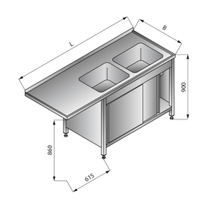Stół zlewozmywakowy dwuzbiornikowy z szafką, drzwi suwane, prawy, 1800x700x900 mm | LOZAMET, LO348/P