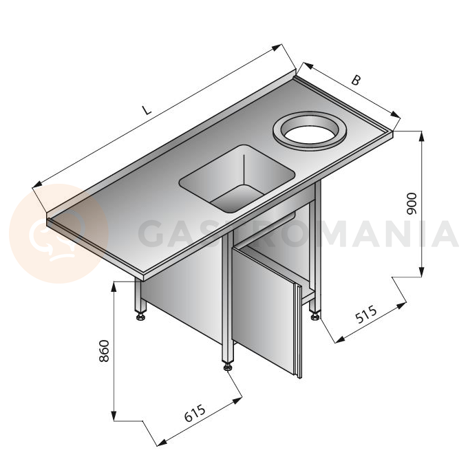 Stół zlewozmywakowy jednozbiornikowy z otworem na odpadki i szafką prawy, 1800x700x900 mm | LOZAMET, LO352/P