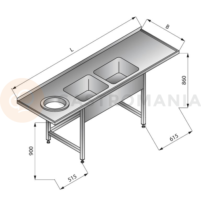 Stół zlewozmywakowy dwuzbiornikowy z otworem na odpadki lewy, 2300x700x900 mm | LOZAMET, LO354/L