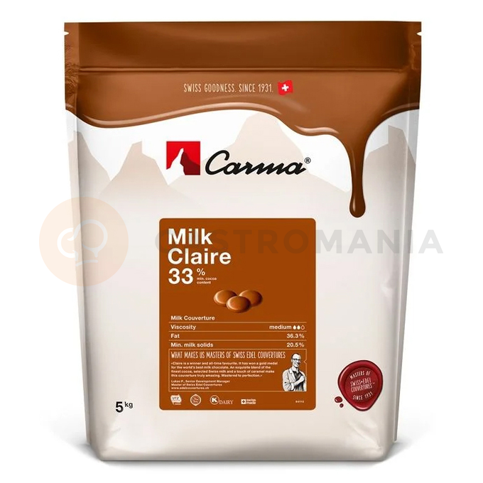 Kuwertura mleczna czekoladowa Milk Claire 33%, 5 kg torba  | CARMA, CHM-P007CLARE6-Z72