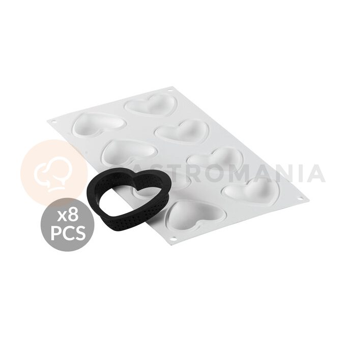 Zestaw form do tart - 8 rantów w kształcie serca 80x70 mm + forma silikonowa 4x 65x55 mm, 31 ml | SILIKOMART, Kit Tarte Ring Amore