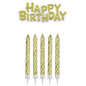 Świeczki na tort i napis Happy Birthday, 16 szt. - złote | PME, CA092