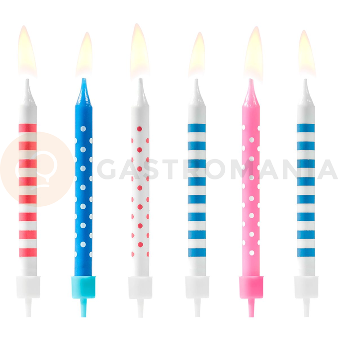 Świeczki na tort 6 szt. - kropki i paski biało-niebiesko-różowe  | PARTYDECO, SCP-3