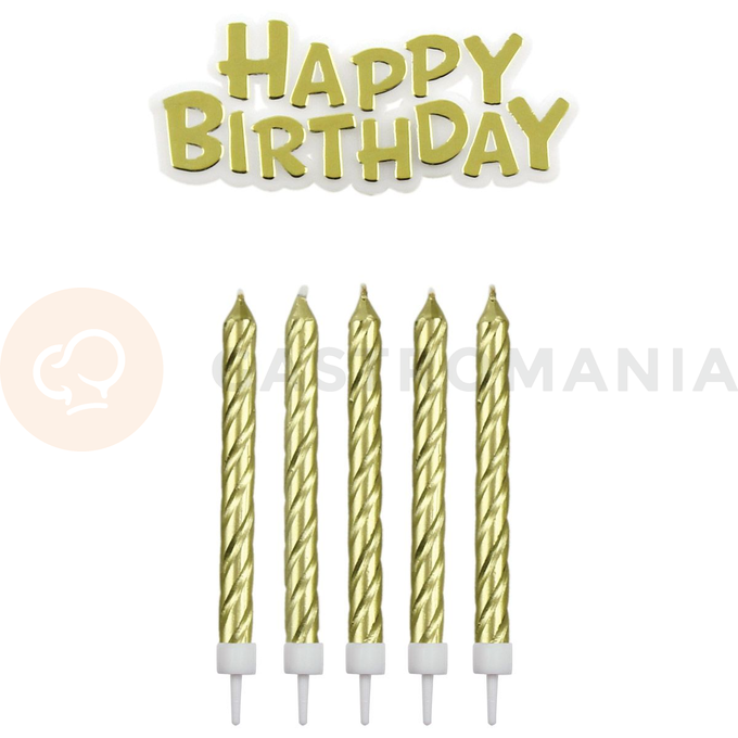 Świeczki na tort i napis Happy Birthday, 16 szt. - złote | PME, CA092