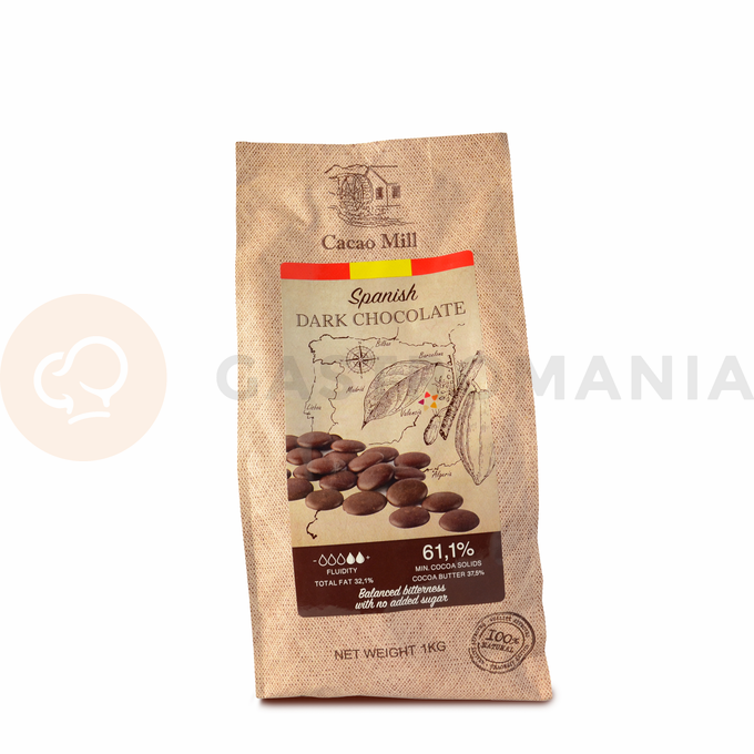 Hiszpańska ciemna czekolada bez cukru 61,1%, 1 kg - dropsy, torba | NATRA CACAO, Dark No Sugar