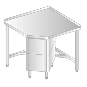 Stół przyścienny narożny ze stali nierdzewnej z szafką, 968x868x700x600x379x850 mm | DORA METAL, DM-3110