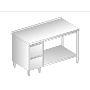 Stół przyścienny ze stali nierdzewnej z 2 szufladami i półką 2300x600x850 mm | DORA METAL, DM-3114
