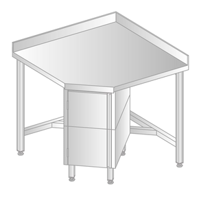 Stół przyścienny narożny ze stali nierdzewnej z szafką, rantem puszkowym i kapinosem, 968x968x700x700x379x850 mm | DORA METAL, DM-S-3110