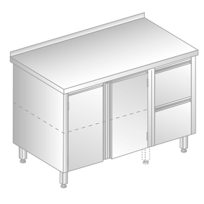 Stół przyścienny ze stali nierdzewnej z szafką i 2 szufladami 1400x600x850 mm | DORA METAL, DM-3127