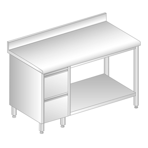 Stół przyścienny ze stali nierdzewnej z 2 szufladami, półką, rantem puszkowym i kapinosem 2100x700x850 mm | DORA METAL, DM-S-3114
