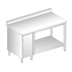 Stół przyścienny ze stali nierdzewnej z szafką, półką, rantem puszkowym i kapinosem 1800x600x850 mm | DORA METAL, DM-S-3113