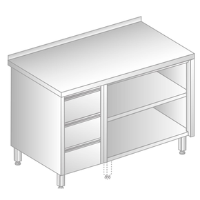 Stół przyścienny ze stali nierdzewnej z szafką otwartą i 3 szufladami 1000x600x850 mm | DORA METAL, DM-3129