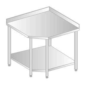 Stół przyścienny narożny ze stali nierdzewnej z półką, rantem puszkowym i kapinosem, 968x968x700x700x379x850 mm | DORA METAL, DM-S-3105