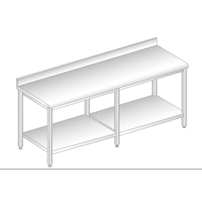 Stół przyścienny ze stali nierdzewnej z półką, rantem puszkowym i kapinosem 2100x700x850 mm | DORA METAL, DM-S-3104