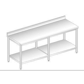 Stół przyścienny ze stali nierdzewnej z półką, rantem puszkowym i kapinosem 2500x700x850 mm | DORA METAL, DM-S-3104