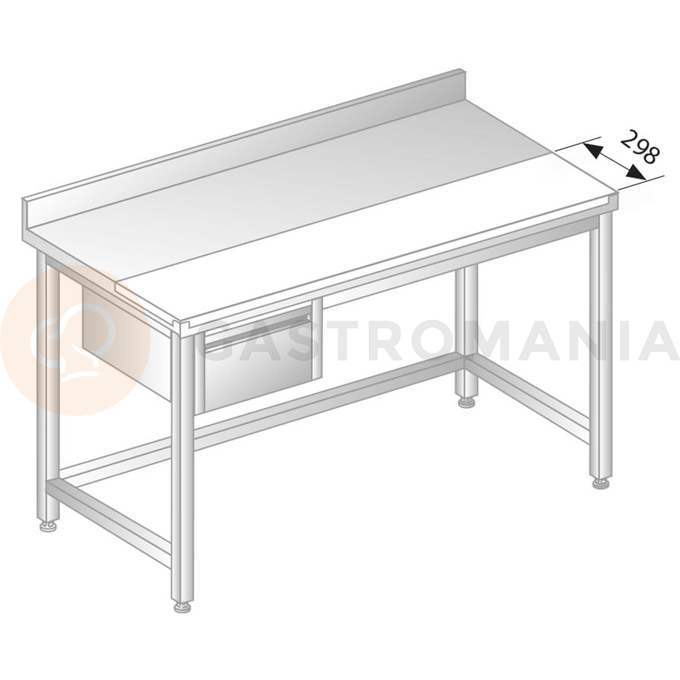 Stół przyścienny ze stali nierdzewnej z płytą do krojenia, szufladą, rantem puszkowym i kapinosem 1200x700x850 mm | DORA METAL, DM-S-3106