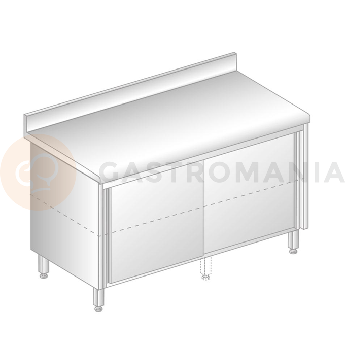 Stół przyścienny ze stali nierdzewnej z szafką przelotową z drzwiami suwanymi, rantem puszkowym i kapinosem 1100x700x850 mm | DORA METAL, DM-S-3118 P