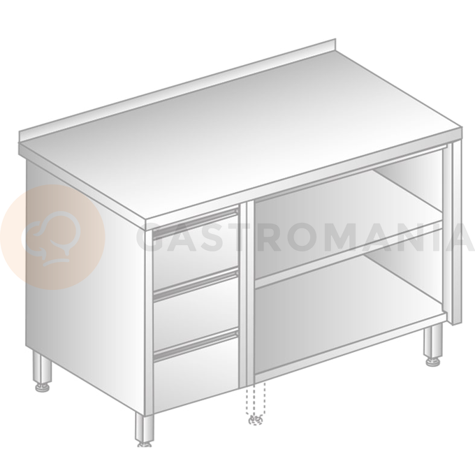 Stół przyścienny ze stali nierdzewnej z szafką otwartą i 3 szufladami 1000x600x850 mm | DORA METAL, DM-3129