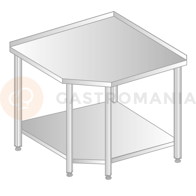 Stół przyścienny narożny ze stali nierdzewnej z półką, 868x968x600x700x379x850 mm | DORA METAL, DM-3105