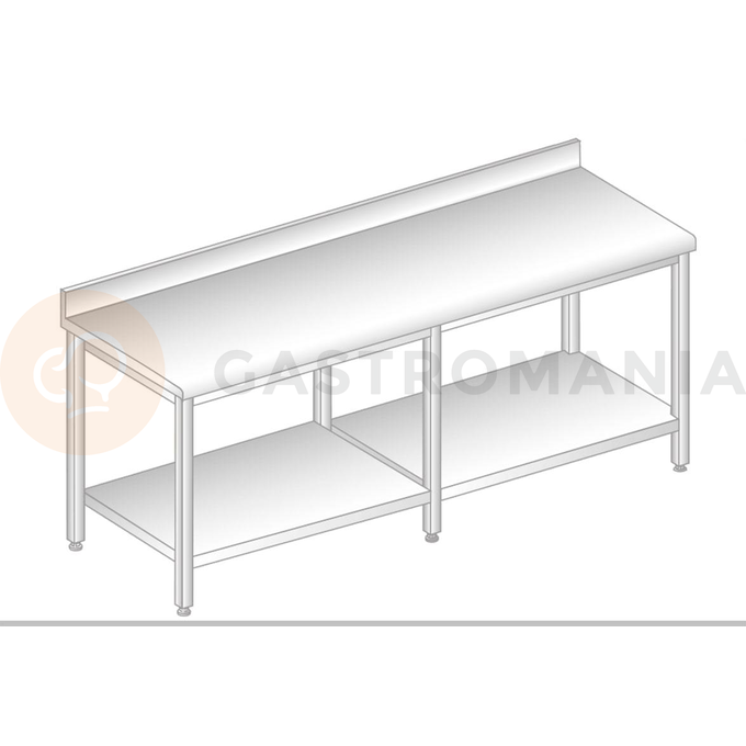 Stół przyścienny ze stali nierdzewnej z półką, rantem puszkowym i kapinosem 2400x600x850 mm | DORA METAL, DM-S-3104