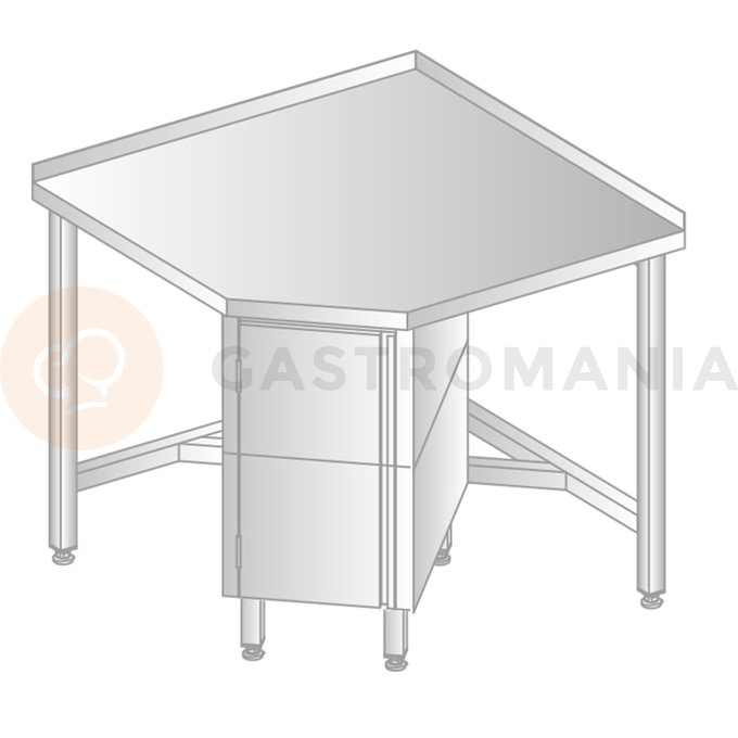 Stół przyścienny narożny ze stali nierdzewnej z szafką, 968x968x700x700x379x850 mm | DORA METAL, DM-3110